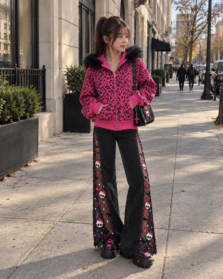 Customer in black lace-slit jeans and a pink leopard hoodie on a city street